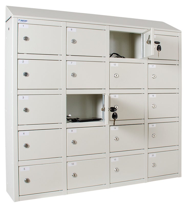 Laddskåp för mobiltelefoner 990x1000x200 mm, 20 låsbara fack, cyl.lås